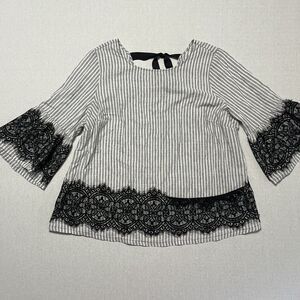 Lane Bryant Black White Striped Lace Trim Bow Back Blouse Top Size 14/16
